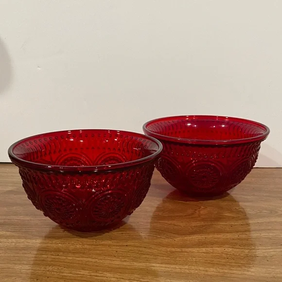 Pioneer Woman Red Glass Berry Bowls Set of 2 – Cranberry Pressed Glass - Picture 1 of 9